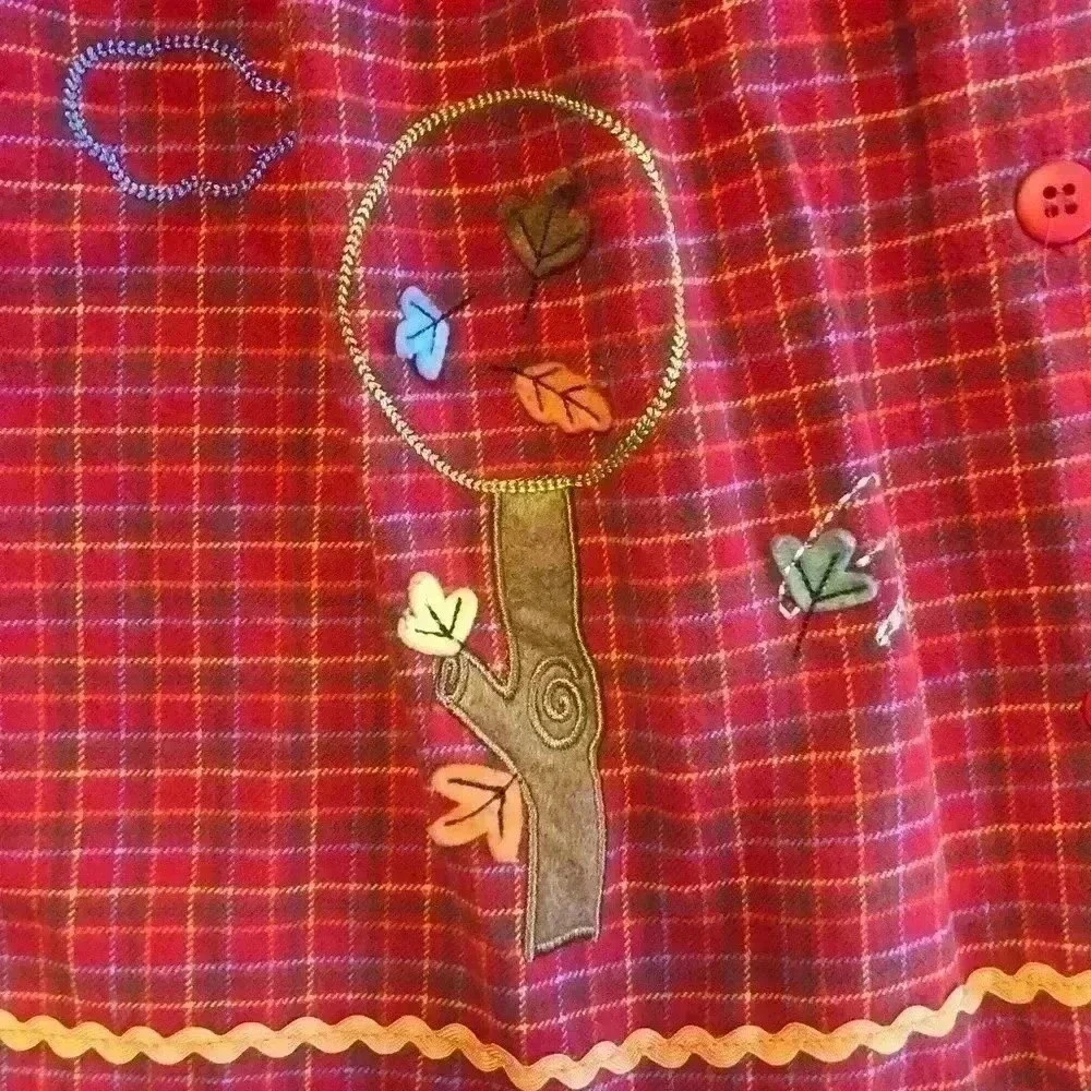 Le Top | Red Plaid Flannel Button Down Dress, Felt & Embroidery Squirrel & Tree